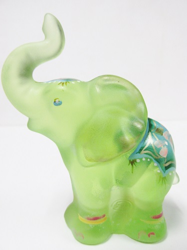 Fenton #5158<br> Hand Painted Elephant<br> \"Key Lime\" Satin Art Glass<br><b>Painted by Donna Robinson</b><br>(Click picture)